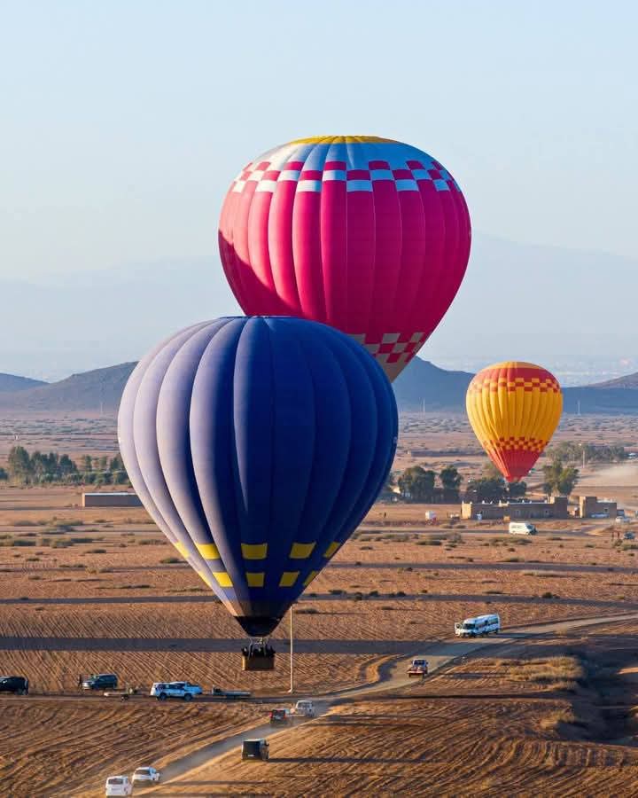 Montgolfières colorées rose, bleue et jaune survolant le désert